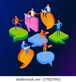People chat in social network. Dialogue speech bubbles.  Businessmen discuss. 3D vector isometric illustration.