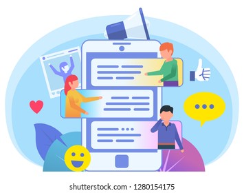 People chat, talk in messenger. People talk, communicate by smartphone. Poster for social media, web page, banner, presentation. Flat design vector illustration