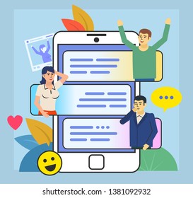 People chat, talk in messenger. Communicate by phone. Poster for social media, web page, banner, presentation. Flat design vector illustration