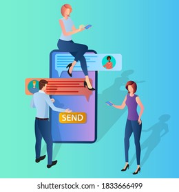 People chat using SMS messages.Modern communication.People and phone on a blue-green background.Flat vector illustration.