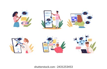 People chatbot communications. Student correspondence with gpt chat bot in phone, ai software artificial intelligence technology assistive robot service, vector illustration of conversation automated