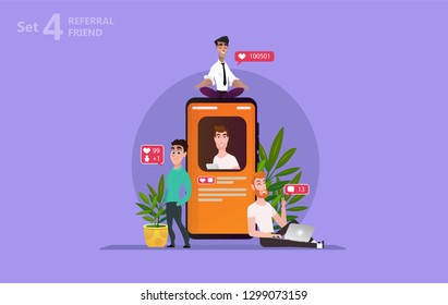 People chating on the smartphone screen use social media accounts to communicate and share likes and comments, can use for, landing page, template, ui, web, mobile app, poster, banner, flyer - Vector