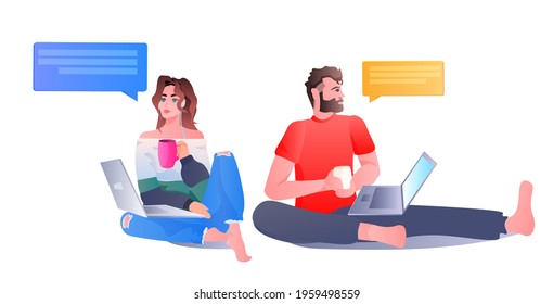 people chatting in computer app on laptops chat bubble communication concept