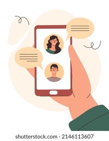 People chatting concept. Hand holds phone with avatars of other users. Chats and dialogues, communication in messengers and social networks. Gadgets and devices. Cartoon flat vector illustration