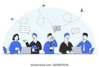 People chatting concept. Social networks, internet, modern technologies. Men and girls discussing business issues, laptop, device. Cartoon flat vector illustration isolated on white background