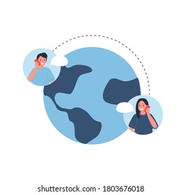 Gente charlando desde diferentes partes del mundo. Relaciones de larga distancia. Ilustración vectorial plana.