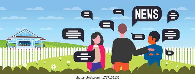 people chatting during meeting chat bubble communication concept mix race friends discussing daily news landscape background horizontal portrait vector illustration