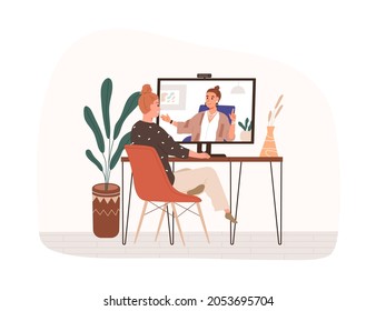 People chatting during online video call. Happy woman sitting by computer and talking to person on screen through internet. Virtual communication concept. Flat vector illustration isolated on white