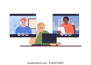 People chatting during online video call. Happy woman sitting by computer and talking to persons on screen through internet. Virtual communication concept. Flat vector illustration isolated on white