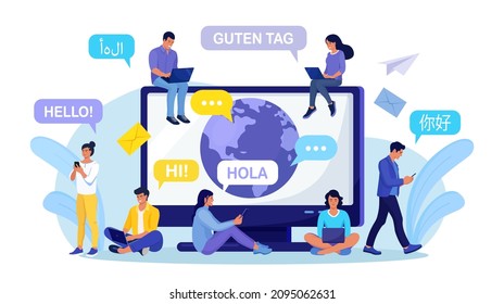 People chatting in foreign languages, using laptop, phone. Multilingual greeting. Hello in different languages. Diverse cultures, international communication. Earth planet on computer screen