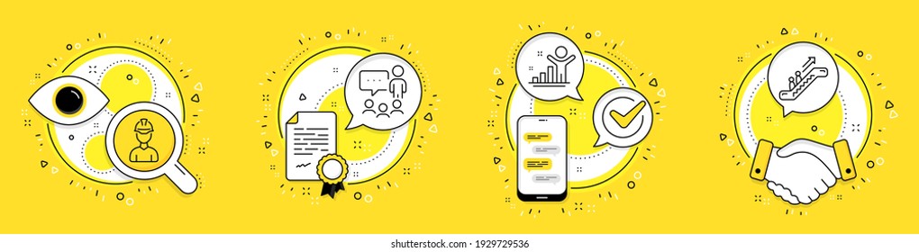 People chatting, Foreman and Winner line icons set. Licence, cell phone and deal vector icons. Escalator sign. Conference, Architect person, Best result. Elevator. People set. Vector