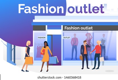People chatting and holding bags near shop window. Fashion outlet, boutique concept. Poster or landing template. Vector illustration for topics like business, shopping, sale