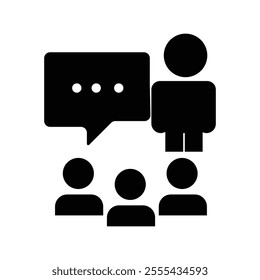 People chatting icon. public speaking, audience, speech bubble, minimalist design, black and white, geometric shapes, communication concept, leadership, team meeting, simplistic illustration, vector