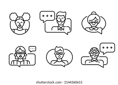 People chatting icons set. Pixel perfect, editable stroke, purple and blue