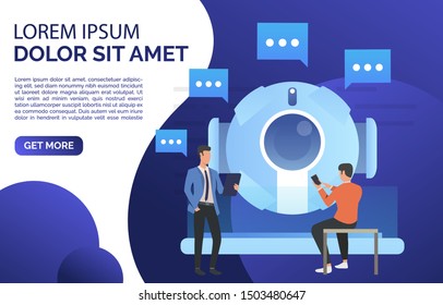 People chatting with isometric AI robot landing page. Artificial intelligence, support, cyborg. Chatbot concept. Vector illustration for website, landing page, online store