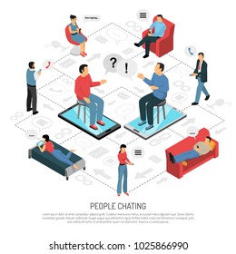 People chatting isometric flowchart background poster with online conversations dating sharing messaging with mobile devices vector illustration 