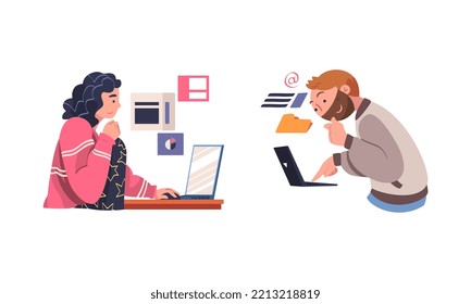 People chatting with laptop computers on social media set. Online communication, distant work cartoon vector illustration