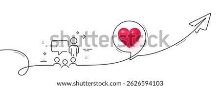 People chatting line icon. Continuous line with share plane. Business seminar sign. Job meeting symbol. 3d heart in speech bubble. People chatting single line ribbon. Loop curve pattern. Vector