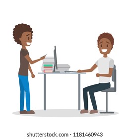 People chatting in the office. Employee having a break on the work. African american sitting at the desk and working o the computer. Isolated flat vector illustration