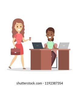 People chatting in the office. Employee having a break on the work and drink coffee. African american sitting at the desk and working on the laptop computer. Isolated flat vector illustration