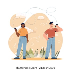 People chatting on phone. Man and girl with smartphones in hands. Social media and messengers. Modern technologies and digital world. Friends communicate on Internet. Cartoon flat vector illustration