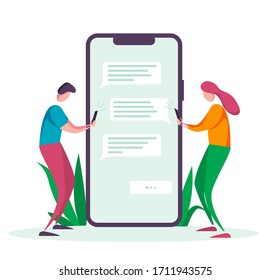 People chatting on smartphone screen, virtual relationship vector, can be used for, landing page, template, UI, web, mobile app, poster, banner, flyer. New chat messages notifications on the phone.