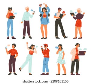 People Chatting Online. Chat Avatar, Happy Teens Talk Online. Young Adult Use Gadgets For Conference And Communication. Snugly Vector Characters In Web Network