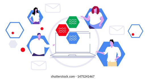 people chatting online communication social media network concept men women using computer application personal internet profiles laptop screen sketch portrait horizontal