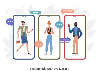 People chatting, online communication vector illustration. Cartoon young tiny man woman characters walking sitting inside big smartphone, messaging in phone chat app with friends isolated on white