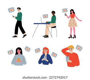 People chatting online on their smartphones and computers set. Young men and women sending messages to each other cartoon vector illustration