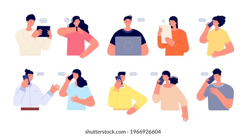 People chatting online. Person work with computer, business from home. Adults working, smartphone user talking. Women in chat utter vector characters