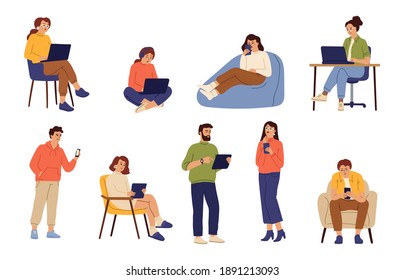 People chatting online. Smiling person with mobile phone, cartoon woman use internet. Modern communication in social media swanky vector set