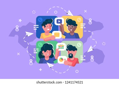 People chatting online together flat poster. Men and women changing messages video data and calling to each other via internet apps vector illustration. Social media concept