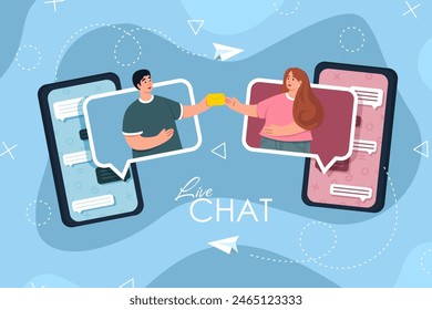People chatting online together. Virtual meeting, remote conversation in smartphone messenger app concept. Two young people chat and start Love Relationship on Dating App