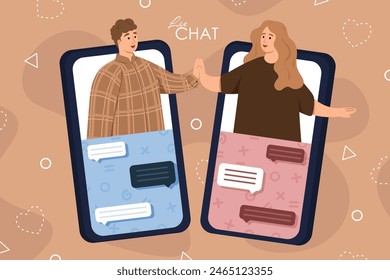 People chatting online together. Virtual meeting, remote conversation in smartphone messenger app concept. Two young people chat and start Love Relationship on Dating App