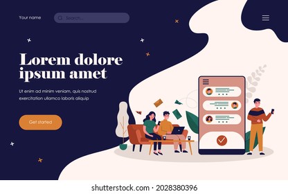 People chatting online. Using gadgets, phone screen with messenger interface flat vector illustration. Communication, technology concept for banner, website design or landing web page