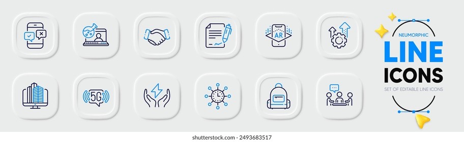 People chatting, Signing document and Backpack line icons for web app. Pack of Handshake, Phone survey, Enterprise pictogram icons. Safe energy, Online chemistry, Augmented reality signs. Vector