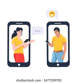 People chatting in the smartphone screen. Man chatting on cellphone with woman. Vector illustration on white background.