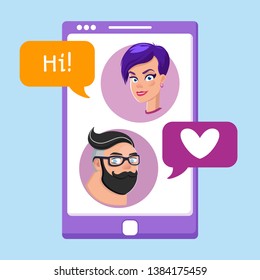 People chatting in the smartphone screen. Virtual relationship vector illustration concept.Cartoon character portrait. Can use for landing page, template, ui, web, mobile app, valentines day