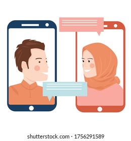 People chatting in the smartphone screen, virtual relationship vector illustration concept 