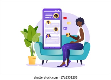 People chatting in the smartphone screen, virtual relationship vector illustration concept. Dating app or chat concept. Vector illustration for online dating app users.