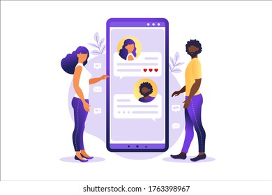 People chatting in the smartphone screen, virtual relationship vector illustration concept. Dating app or chat concept. Vector illustration for online dating app users.