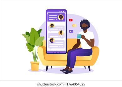 People chatting in the smartphone screen, virtual relationship vector illustration concept. Dating app or chat concept. Vector illustration for online dating app users.