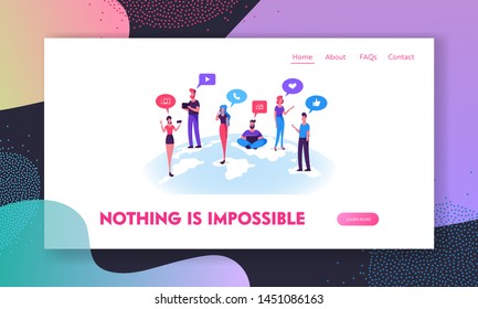 People Chatting in Social Media Networks Website Landing Page, Man and Woman Communicating Online with Mobile Devices, Tablet, Laptop, Smartphones Web Page. Cartoon Flat Vector Illustration, Banner