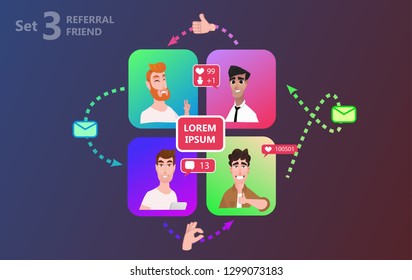 People chatting social media online together. Men and women changing messages, data and calling to each other via internet apps in smartphone. Social media concept can use for landing page, template