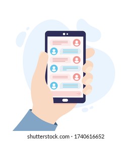 People chatting through a mobile app.  Online application for messaging. Hand holding a smartphone.