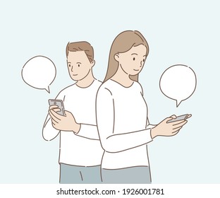 Gente charlando a través de una aplicación móvil. Concepto de comunicación en línea. Estilo de dibujo a mano. Ilustración vectorial.