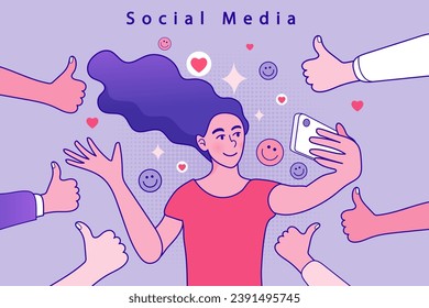 People chatting through the social networks. woman chatting through social media and selfie action. Pretty girl look at mobile phones. Best Friends concept. People character vector illustration flat.