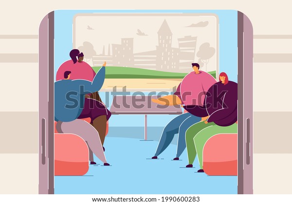People chatting in train car. Cartoon men and women\
on trip together, silhouette of city in window flat vector\
illustration. Railway journey concept for banner, website design or\
landing web page