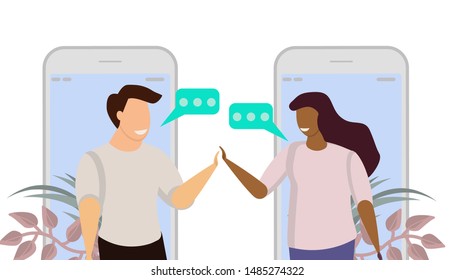 People chatting vector communication discussion. Woman and man talk business chat. Speech message illustration social group. Concept network meeting teamwork with phone. Human connection dialog friend
